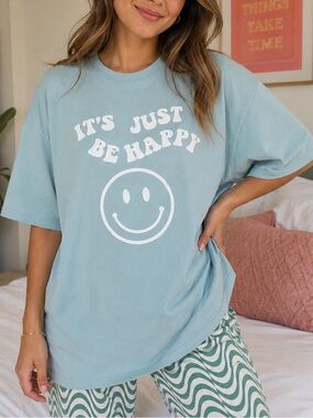 . Dusty Sage Let's Just Be Happy Oversized Graphic Tee-T/Shirt